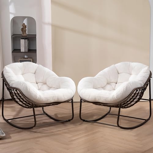 Villeston Outdoor Patio Schaukelstuhl-Set aus 2, Überdimensionierter Papasan-schaukelsessel für den Innenbereich mit Gepolstertem Teddy-Stoffkissen - Ei-Schaukelstuhl für Wohnzimmer, Veranda, Garten von Villeston