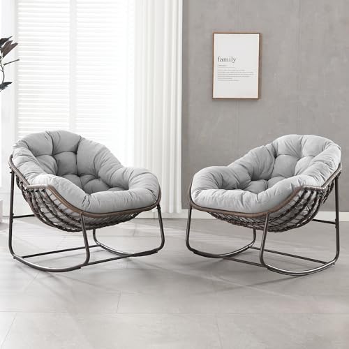 Villeston Outdoor Patio Schaukelstuhl-Set aus 2, Überdimensionierter Papasan-schaukelsessel für Innen mit Gepolstertem Kissen - Ei-Schaukelstuhl für Wohnzimmer, Veranda, Garten, Terrasse, Hinterhof von Villeston