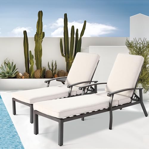 Villeston Sonnenliege Gartenliege 2er-Set, Gussaluminium Gartenliegestühle Liegestühle mit 5-stufig Verstellbarer Rückenlehne, wasserdichte Kissen und Räder für den Poolbereich，Hinterhof Beige von Villeston