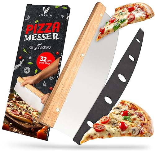 Villkin Pizzamesser mit 32cm Klinge - Scharfer Pizzaschneider aus Edelstahl mit Holzgriff - Großes Wiegemesser effektiver als Pizzaroller (Groß) von Villkin