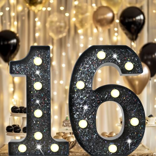 Glitzernde LED Zahlen Lampe Nummer Beleuchtete Ziffern für 16. Geburtstagsparty Jubiläum Hochzeit Hintergrund, Zahlen Lichter Batteriebetrieben Zuhause Bar Wand Tisch Dekor– Schwarze Zahl 16 von Vimlits