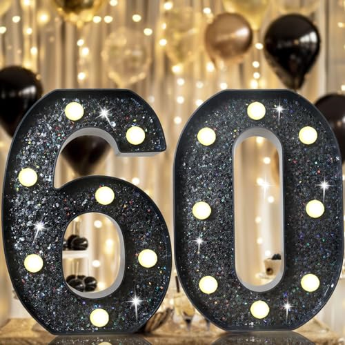 Glitzernde LED Zahlen Lampe Nummer Beleuchtete Ziffern für 60. Geburtstagsparty Jubiläum Hochzeit Hintergrund, Zahlen Lichter Batteriebetrieben Zuhause Bar Wand Tisch Dekor– Schwarze Zahl 60 von Vimlits