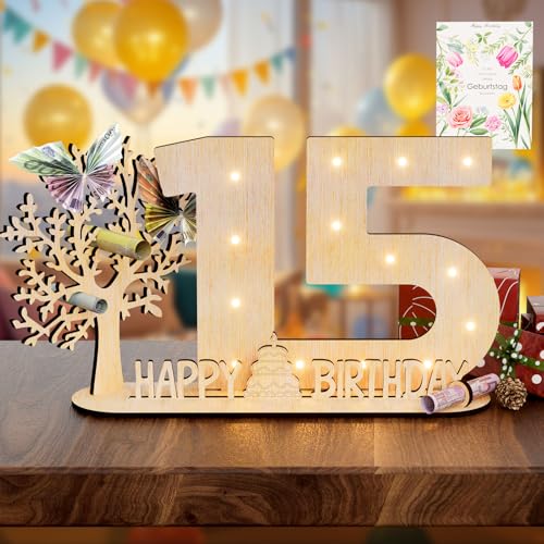 Vimlits Holz Schild Gästebuch, 15 Geburtstag Geschenk Mädchen & Jungen - Originelle Geldgeschenke mit Funkelnde LED Lichterkette 15 Geburtstag Deko Hochzeit Jubiläum Tisch Deko Zahlen von Vimlits