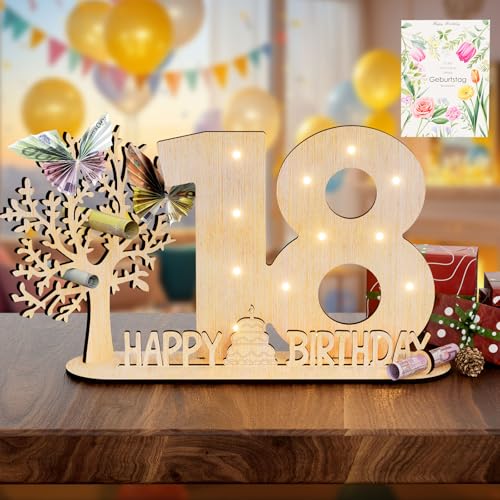 Vimlits Holz Schild Gästebuch, 18 Geburtstag Geschenk Mädchen & Jungen - Originelle Geldgeschenke mit Funkelnde LED Lichterkette 18 Geburtstag Deko Hochzeit Jubiläum Tisch Deko Zahlen von Vimlits