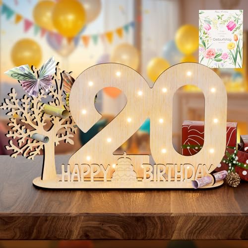 Vimlits Holz Schild Gästebuch, 20 Geburtstag Geschenk Frauen & Männer - Originelle Geldgeschenke mit Funkelnde LED Lichterkette 20 Geburtstag Deko Hochzeit Jubiläum Tisch Deko Zahlen von Vimlits