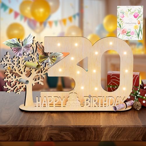 Vimlits Holz Schild Gästebuch, 30 Geburtstag Geschenk Frauen & Männer - Originelle Geldgeschenke mit Funkelnde LED Lichterkette 30 Geburtstag Deko Hochzeit Jubiläum Tisch Deko Zahlen von Vimlits