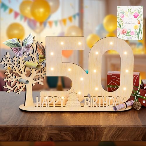 Vimlits Holz Schild Gästebuch, 50 Geburtstag Geschenk Frauen & Männer - Originelle Geldgeschenke mit Funkelnde LED Lichterkette 50 Geburtstag Deko Goldene Hochzeit Jubiläum Tisch Deko Zahlen von Vimlits