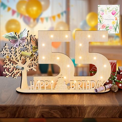 Vimlits Holz Schild Gästebuch, 55 Geburtstag Geschenk Frauen & Männer - Originelle Geldgeschenke mit Funkelnde LED Lichterkette 55 Geburtstag Deko Hochzeit Jubiläum Tisch Deko Zahlen von Vimlits