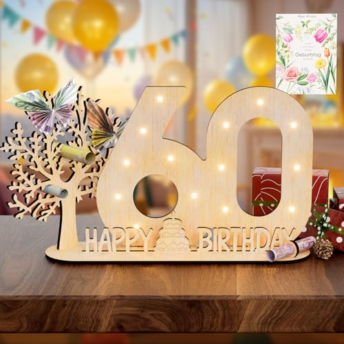Vimlits Holz Schild Gästebuch, 60 Geburtstag Geschenk Frauen & Männer - Originelle Geldgeschenke mit Funkelnde LED Lichterkette 60 Geburtstag Deko Hochzeit Jubiläum Tisch Deko Zahlen von Vimlits
