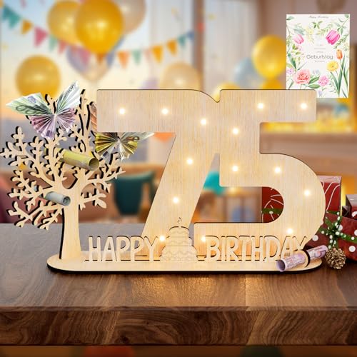 Vimlits Holz Schild Gästebuch, 75 Geburtstag Geschenk Frauen & Männer - Originelle Geldgeschenke mit Funkelnde LED Lichterkette 75 Geburtstag Deko Hochzeit Jubiläum Tisch Deko Zahlen von Vimlits