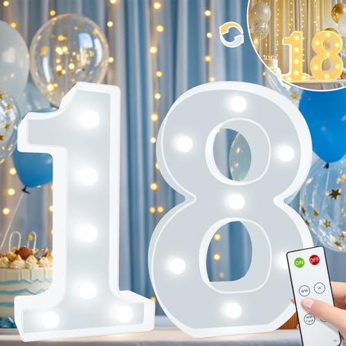 Vimlits Leuchtende Zahlen zum 18. Geburtstag, Dekoration für Mädchen, LED-Zahlenlichter, beleuchtetes Zahlenschild für Party, Hintergrund, Hochzeitstag, Fernbedienung, Wandtischdekoration, Kaltweiß von Vimlits