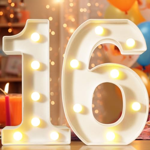 Weiße LED Zahlen Lampe Nummer Beleuchtete Ziffern für 16. Geburtstagsparty Jubiläum Hochzeit Hintergrund, Beleuchtete Zahlen Lichter Batteriebetrieben Zuhause Bar Wand- und Tischdekoration - Zahl 16 von Vimlits