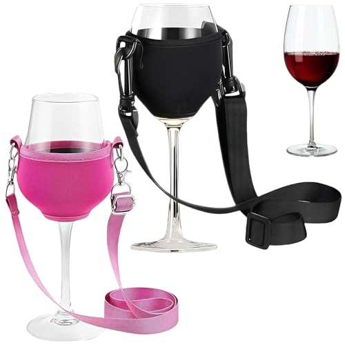 2 Stück Weinglashalter Zum Umhängen Set, Tragbare Becherhalter Zum Umhängen, Weinglas Halterung Zum Umhängen für Weihnachten Weinfest Hochzeit Geburtstag Party Picknicks (Schwarz und Rosenrot) von Vimmvid