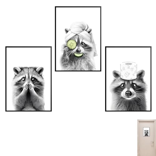 Vimmvid 3 Stück Badezimmer Bildbadezimmer Deko, Wc Deko Badezimmer, Bad Deko, Lustige Raccoon Bild Badezimmer für Bad Toilette Waschraum Deko 20×30 cm Ungerahmt Einzigartiges Design von Vimmvid