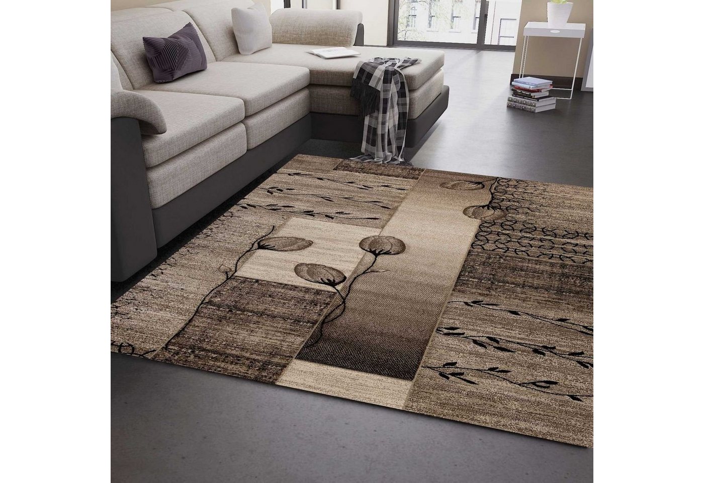 Designteppich Wohnzimmer Teppich, Vimoda, Rechteckig, Höhe: 13 mm, Floralem, Motiv, Naturfarben, Beige, Hand geschnitten von Vimoda