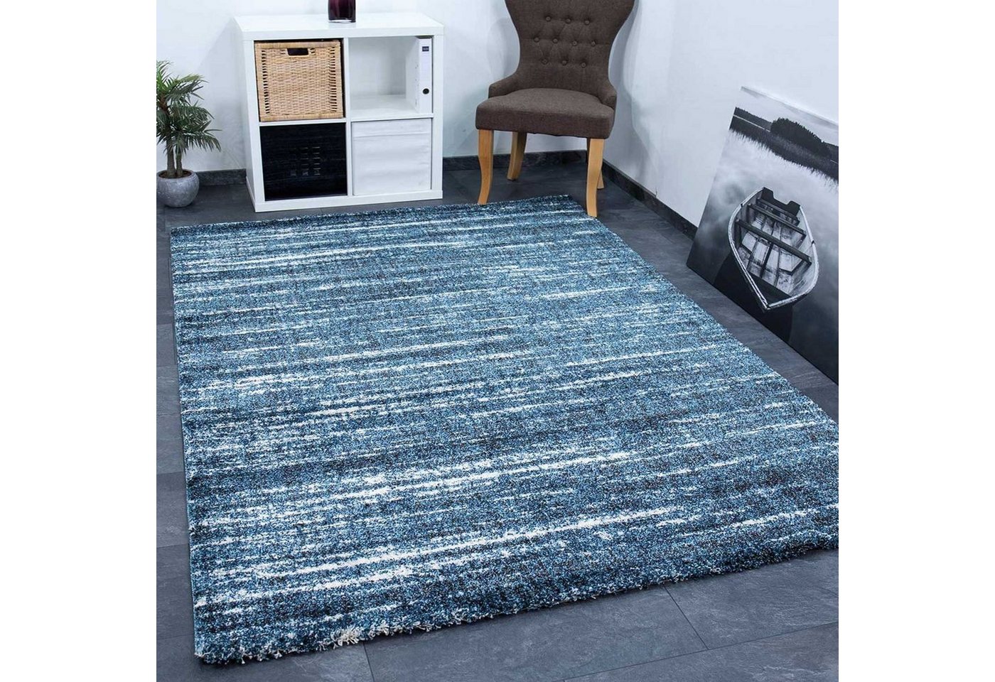 Hochflor-Teppich Komfort Wohnzimmerteppich, Vimoda, Rechteckig, Höhe: 19 mm, Sehr dicht, qualitativ, Melierte, Läufer, Blau, Teppich Wohnzimmer von Vimoda