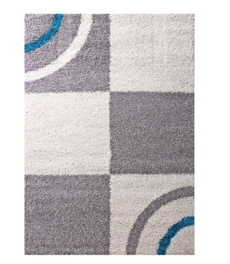 Vimoda Hochflor-Teppich Wohnzimmer Teppich Blau Grau, Rechteckig, Höhe: 30 mm, Läufer Shaggy, kariert Pflegeleicht dicht in Grau blau von Vimoda