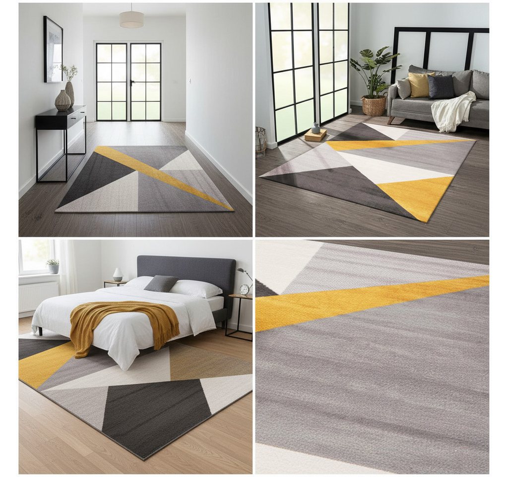Vimoda Teppich Teppich Wohnzimmer Schlafzimmer Flur Teppich Geometrisches Muster Gelb, Rechteckig, Läufer Schlafzimmer Gelb von Vimoda