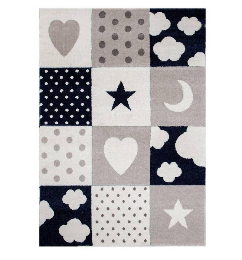 Vimoda Kinderteppich Herz Stern Wolke Dunkel Blau, Rechteckig, Höhe: 12 mm, Kinder Teppich kariret von Vimoda