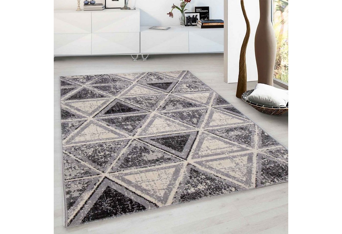 Teppich »Teppich Wohnzimmer Schlafzimmer Flur Teppich Geometrisches Muster in Grau«, Vimoda von Vimoda