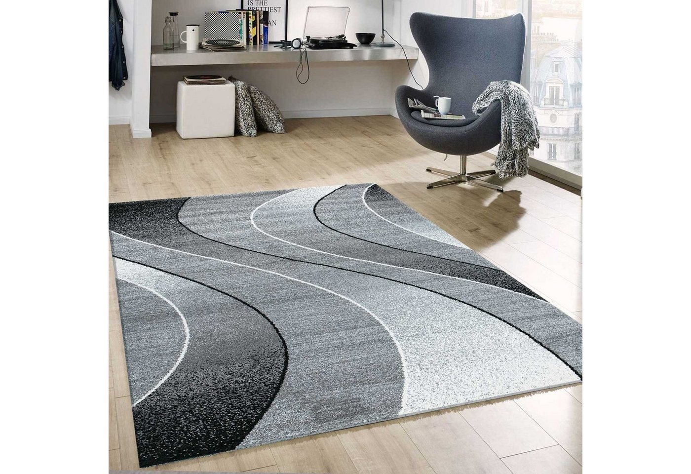 Teppich kurzflor Geometrisches, Vimoda, Rechteckig, Höhe: 11 mm, Kurven Muster, Meliert, modern, Schwarz, Grau von Vimoda