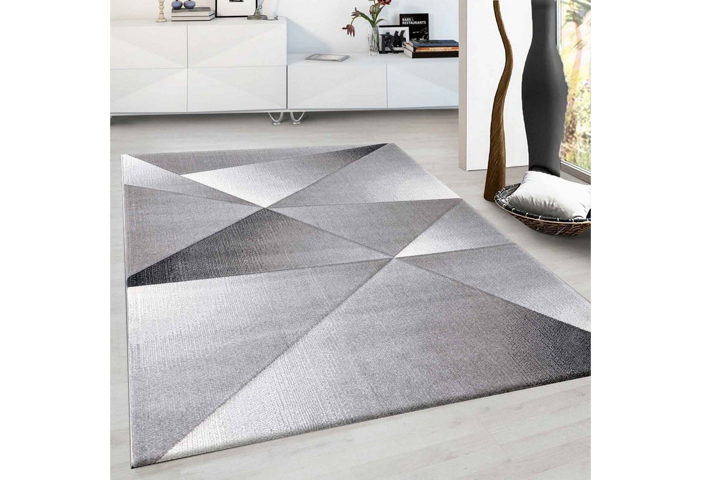 Vimoda Designteppich Wohnzimmerteppich, Rechteckig, Höhe: 12 mm, Dreieck Muster,gestreift,in Grau von Vimoda