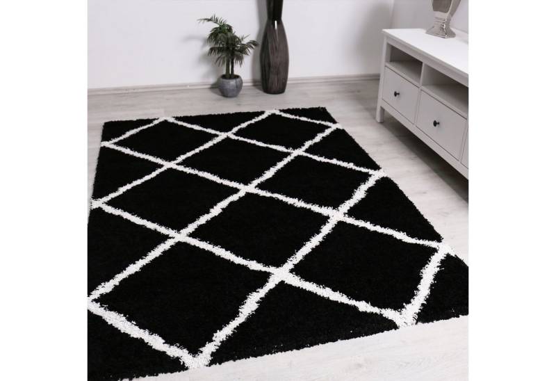 Vimoda Hochflor-Läufer Shaggy Wohnzimmer Rautenmuster Weiss, Rechteckig, Höhe: 30 mm, Langflor, Rauten muster, Skandi Design in Creme von Vimoda