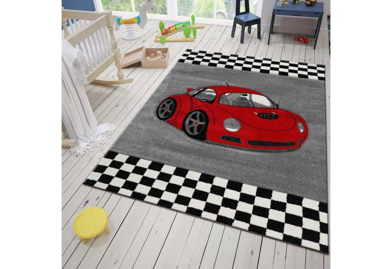 Vimoda Kinderteppich Auto Kinder teppich Auto Rot, Car Rennwagen, Rechteckig, Höhe: 11 mm, Läufer Auto Rot Kinderzimmer Spielzimmer von Vimoda