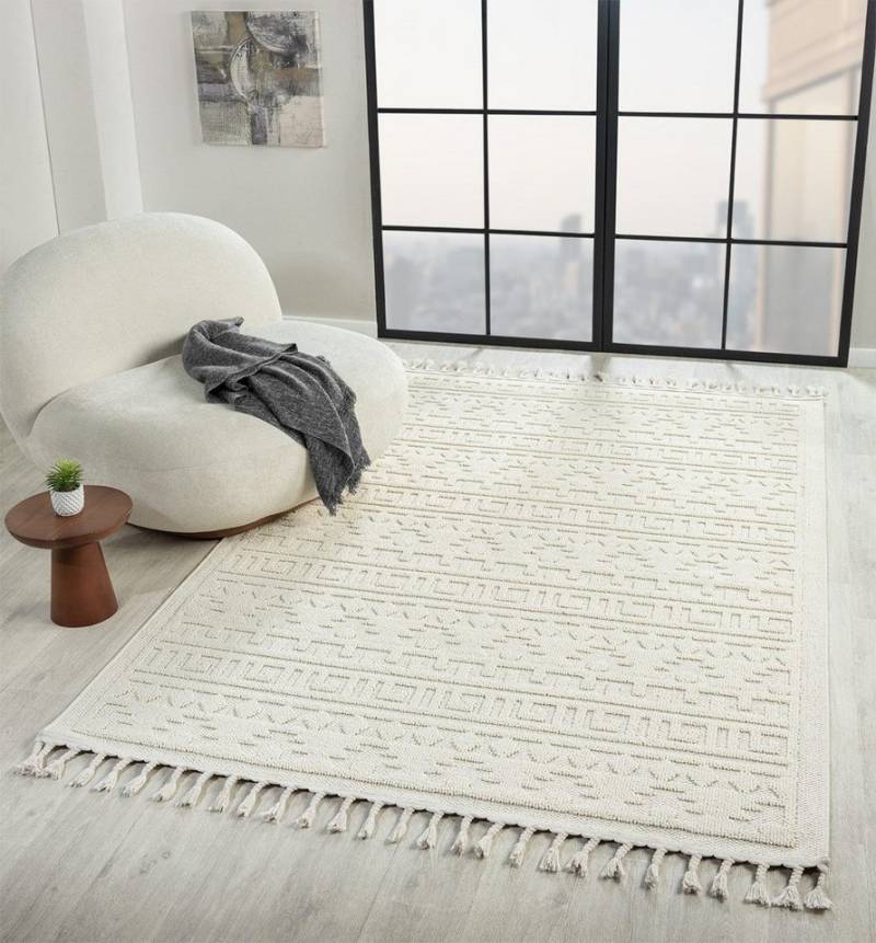 Vimoda Teppich Wohnzimmer Boho Skandi Frisé-Teppich, Rechteck, In & Outdoorteppich,Hoch Tief,3D, Balkon,Küchenteppich,Flur,Creme von Vimoda