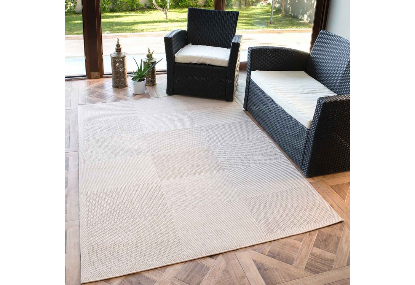 Outdoorteppich Robuster In- und Outdoor Flachgewebe Terrassen Teppich In Beige, Vimoda, Rechteckig von Vimoda