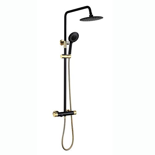 VimrOd Thermostat-Duschsystem Mit Duschkopf, Schwarz-Goldenes Dusch-Kombi-Set, Wandmontage-Duscharmatur-Set, Doppelgriff-Regenmischer, Dusch-Kombi-Set Mit 4-Modus-Handbrause, Wannenauslauf von VimrOd