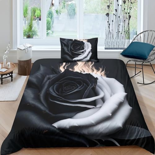 Schwarze Rose Bettwäschegarnitur Bettbezug Set Für Kinder Mädchen Jungen 3D Gedruckter Blumendesign Weich Microfaser Reissverschluss Und Kissenbezüge Bettwäsche Single（135x200cm） von VinAmy