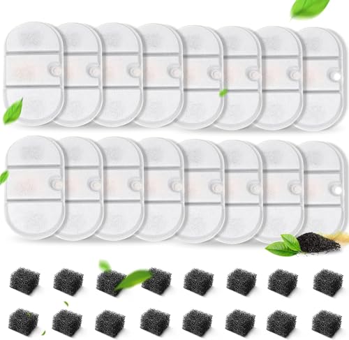 VinDox 32 Stück Katzenbrunnen Filter, 16 Stück Filter und mit 16 Stück Schwämmen Harz und Aktivkohle, kompatibel mit 2.1L PLWF002 KatzeTrinkbrunnen für Katze (16pcs) von VinDox