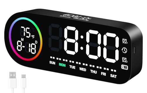 Vinabo Digitaler LED-Wecker mit 7 Farben – Digitaluhr mit Temperaturanzeige, 5 Helligkeitsstufen, doppelter Alarm, Snooze, USB, 12/24 Stunden – beleuchteter Wecker für Kinder & Erwachsene (schwarz) von Vinabo