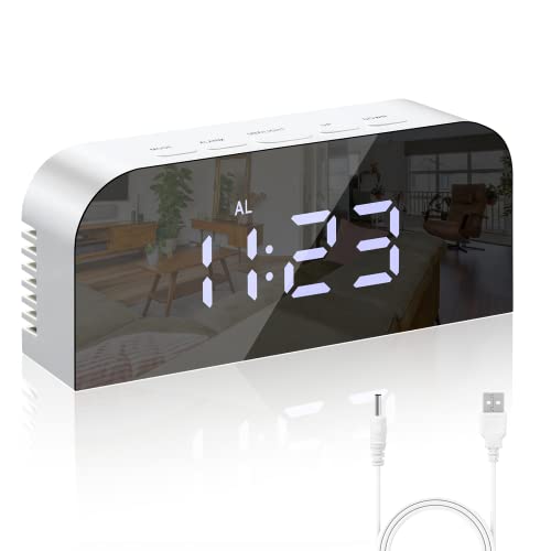 Vinabo Digitaler Spiegel-Wecker, LED-Spiegel-Digitaluhr Nachtwecker Morgenwecker, 2 Helligkeitsstufen, 12/24H, mit 2 USB-Ladeanschlüssen, Moderne Dekoration für Zuhause oder Schlafzimmer von Vinabo