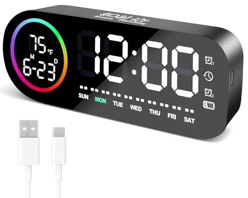 Vinabo Digitaler Wecker mit 7-farbigem Nachtlicht, 4 Helligkeitsstufen, großer LED-Temperaturanzeige, Sprachsteuerung, 12/24 Stunden, USB-Anschluss, Schlummerfunktion, Ausschaltspeicher (Schwarz) von Vinabo