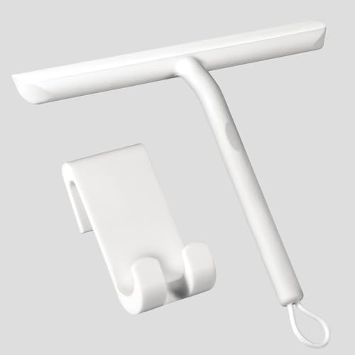 Vinabo Duschabzieher Set mit Haken, Silikon Abzieher Dusche Bad Badezimmer Fenster Edelstahl Fensterabzieher Scheibenabzieher breit Saugnapf Halterung Badabzieher,ohne Bohren(21cm,Weiß) von Vinabo