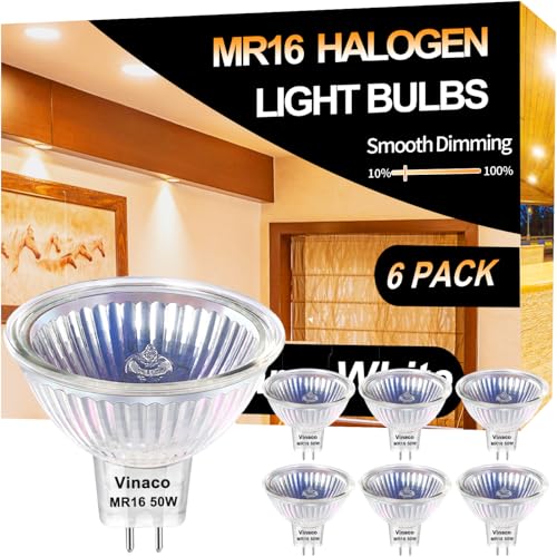 Leuchtmittel MR16 GU5.3 Halogen, 6er-Pack 12V GU5.3 50W, Leuchtmittel MR16 Warmweiß 2800K Dimmbar, Lange Lebensdauer MR16 12V 50W Halogenstrahler mit Klarglasabdeckung, Hohe Leistung Halogen MR16 von Vinaco