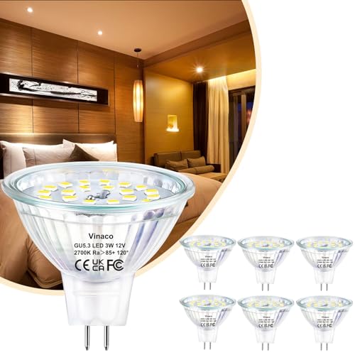 MR16 GU5.3 LED Warmweiß 2700K, 6 Pack Vinaco GU5.3 LED 12V 3W (Entspricht 35W) Abstrahlwinkel 120° Flood, Kein Flimmern 350LM GU 5.3 Bi-Pin Sockel, Nicht Dimmbar CRI85+ Reflektorglas MR16 12V Für Haus von Vinaco
