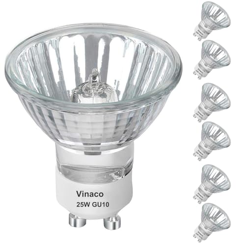 Vinaco GU10 Halogen Leuchtmittel, 6er-Pack Gluhbirn GU10 25W Lange Lebensdauer, GU10+C 230V 25W Dimmbar Warmweiß 2800K, Hoher Output Leuchtmittel GU10 Halogen 25W für Schienenlicht, Einbauleuchte von Vinaco