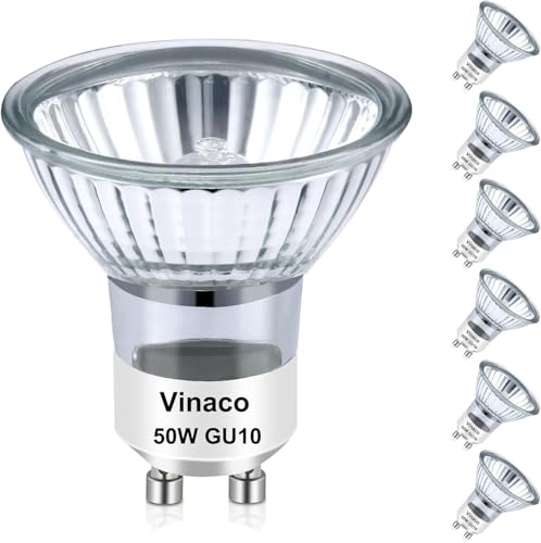 Vinaco GU10 Halogen 50W Halogen Leuchtmittel, 6er-Pack Lang Anhaltend GU10 C 230V 50W Halogenlampen, GU 10 Dimmbar Warmweiß 2800K, Hohe Helligkeit GU 10 Halogenlampen 50 Watt für Einbauspurbeleuchtung von Vinaco