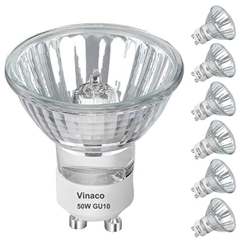 GU10 Halogen 50W Halogen Leuchtmittel, 6er-Pack Lang Anhaltend GU10 C 230V 50W Halogenlampen, GU 10 Dimmbar Warmweiß 2800K, Hohe Helligkeit GU 10 Halogenlampen 50 Watt für Einbauspurbeleuchtung. von Vinaco