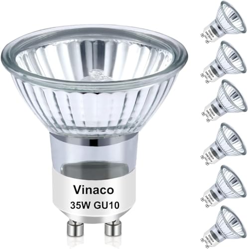 Vinaco GU10 Halogen Leuchtmittel, 6er-Pack Gluhbirn GU10 35W Lange Lebensdauer, GU10+C 230V 35W Dimmbar Warmweiß 2800K, Hoher Output Leuchtmittel GU10 Halogen 35W für Schienenlicht, Einbauleuchte von Vinaco