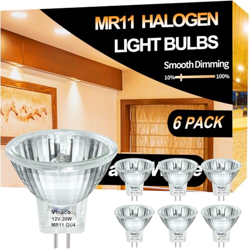 Vinaco GU4 20W, 6 Pack Hohe Leistung 250LM MR11 GU4 Halogen, Langlebig MR11 12V 20W Dimmbar mit Glasabdeckung, Halogen GU4 Warmweiß 2800K Fiber Optic Light Bulb, Halogen 12V 20W GU4 mit GU4 Base von Vinaco