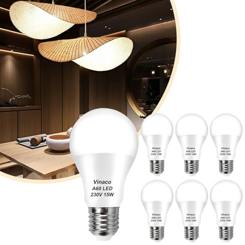 Vinaco Glühbirne E27, 6 Pack High Output Kaltweiss 6500K 1500-1600LM 15W, Equivalent 100W, LED Birne No Flicker E27 Base, Non-Dimmable Leuchtmittel Long Lasting For 25 Years von Vinaco