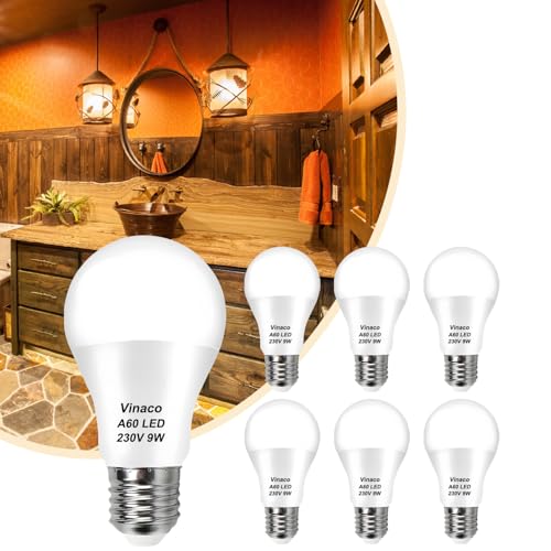 Vinaco Glühbirne E27, 6 Pack High Output LED Warmweiss 2700K 800LM 9W, Equivalent 60W Bulb, LED Birne No Flicker E27 Base, Non-Dimmable Leuchtmittel Long Lasting Throughout 25 Years von Vinaco