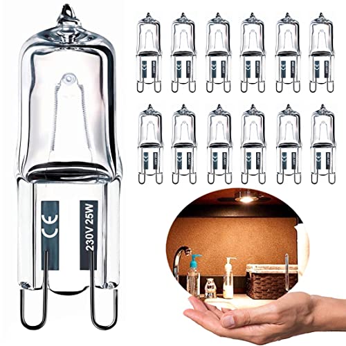 Vinaco Gluhbirn G9 25W, 12er Pack Halogen G9 230V 25W, Halogenlampe G9 Dimmbar Warmweiß 2800K, Lange Lebensdauer mit Hoher Helligkeit 250LM, G9 Halogen 25W für Kronleuchter, Kabinettbeleuchtungen von Vinaco