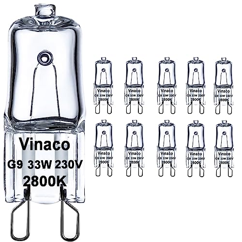 Vinaco Gluhbirn G9 33W, 10er Pack Halogen G9 230V 33W, Halogenlampe G 9 Dimmbar Warmweiß 2800K, Lange Lebensdauer mit Hoher Helligkeit 350LM, G 9 Halogen 33 W für Kronleuchter, Kabinettbeleuchtungen von Vinaco