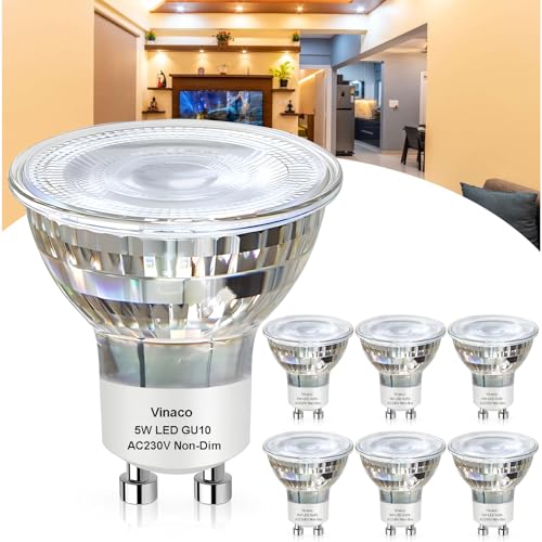 Vinaco LED Flicker-free GU10 Bulb, 6PCS Long Lasting MR16 GU10 LED Bulb 2700K Warm White, 450LM GU 10 Bulbs Non Dimmable 5W (50W Equivalent) Light Bulbs, GU 10+C 230V 50W for Track Lighting von Vinaco