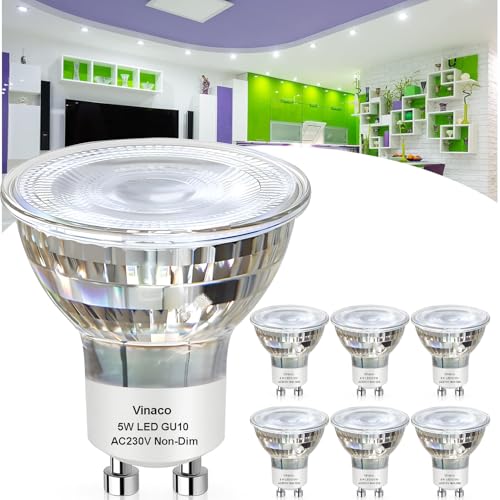 Vinaco LED Flicker-free GU10 Bulb, 6PCS Long Lasting MR16 GU10 LED Bulb 5000K Daylight White, 450LM GU 10 Bulbs Non Dimmable 5W (50W Equivalent) GU 10 Light Bulbs for Recessed Track Lighting von Vinaco